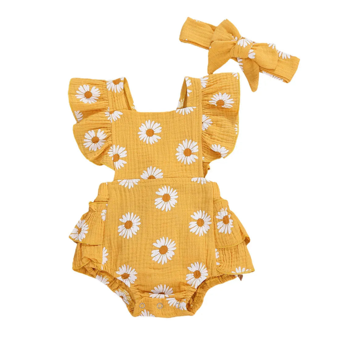 Daisy Ruffle Romper in yellow | Pastel Floral Baby Girl Outfit