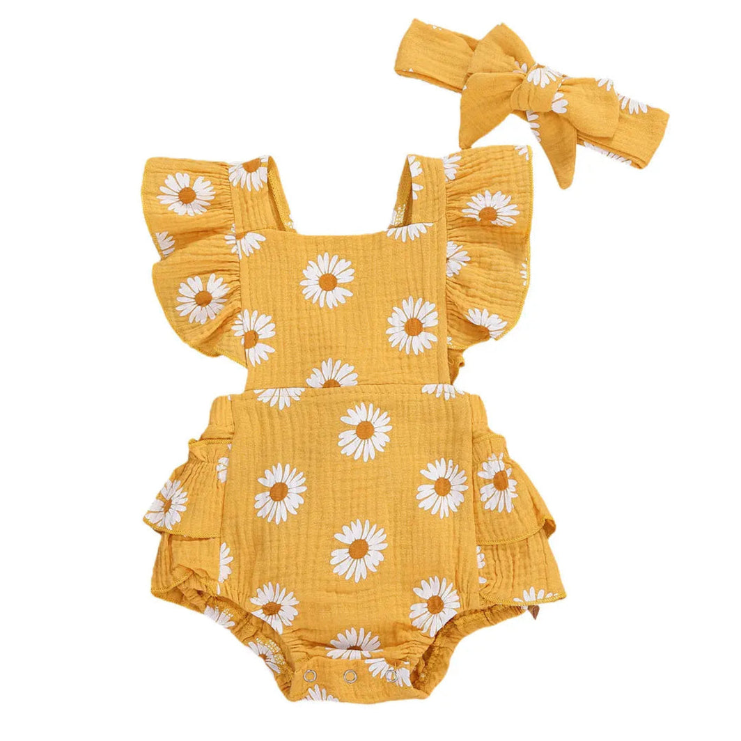Daisy Ruffle Romper in yellow | Pastel Floral Baby Girl Outfit