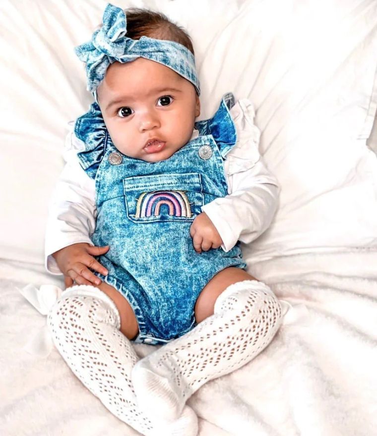 Baby girl wearing Denim Ruffle Rainbow Romper - Lulu Babe