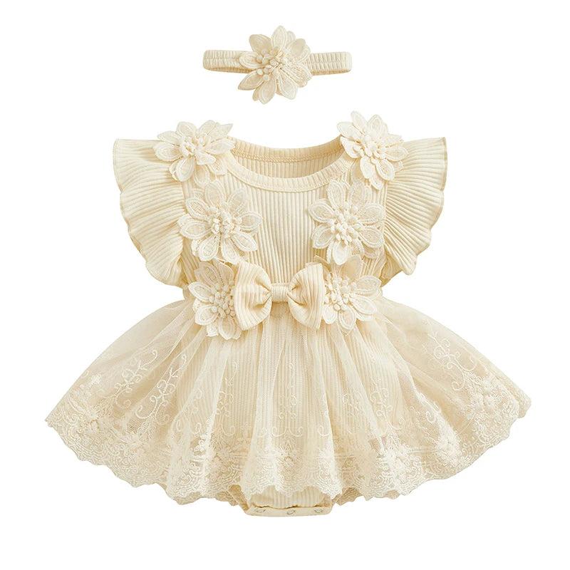Beige baby dress with floral details and matching headband