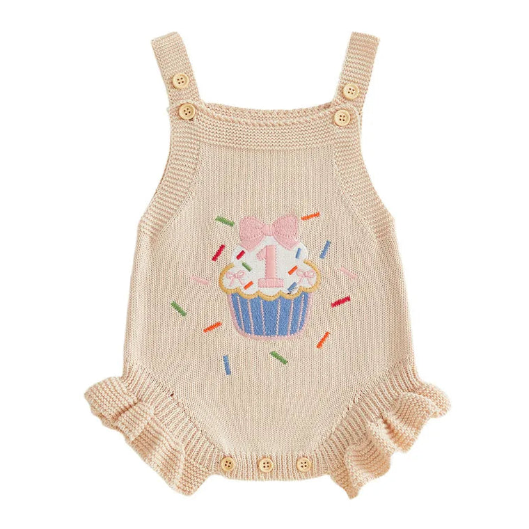 First birthday romper in beige with cupcake design for baby girls