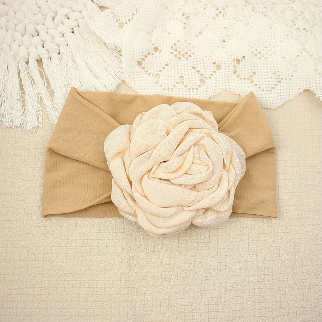 Eden Floral Baby Headband with oversized beige flower
