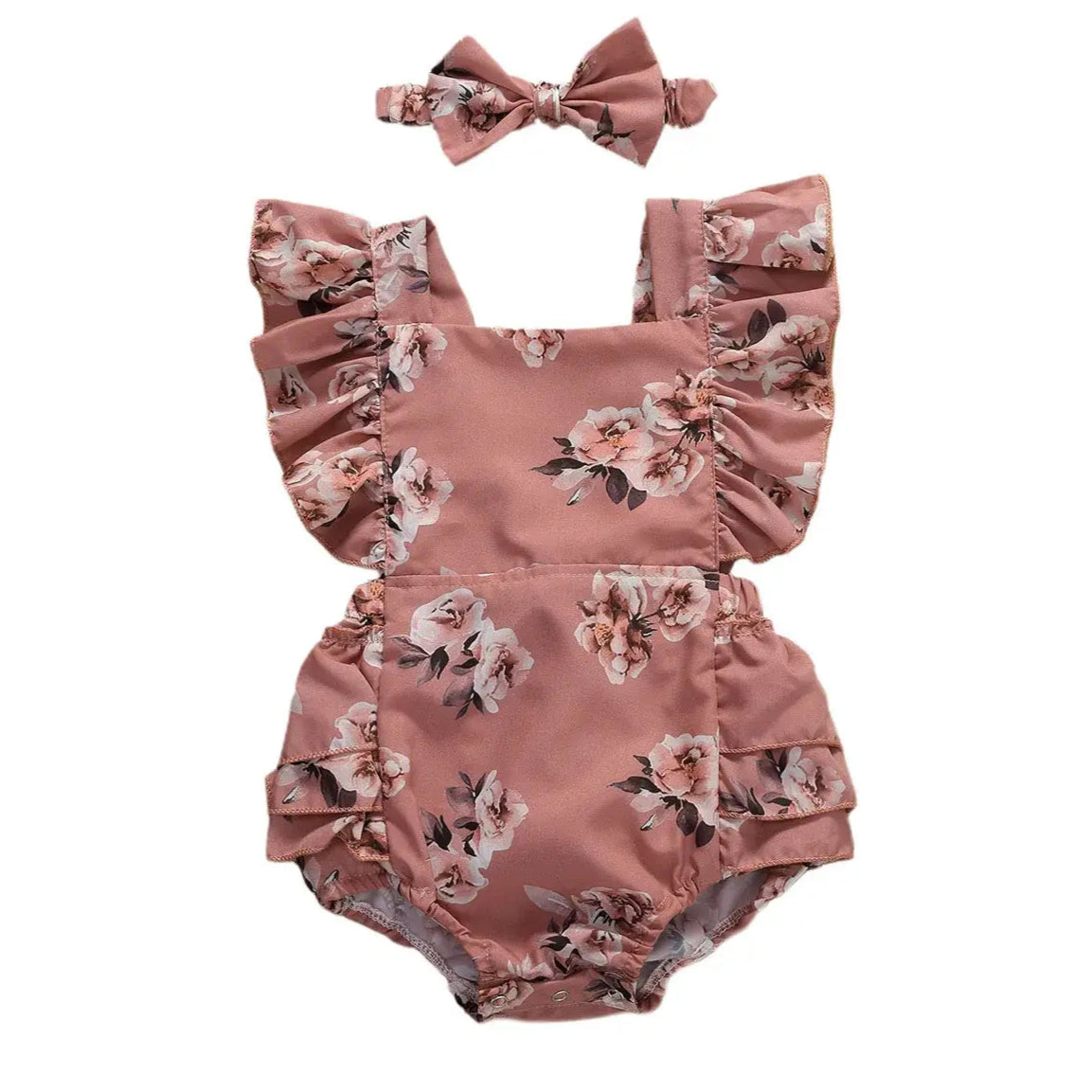 Matilda floral baby girl romper in rose with matching headband