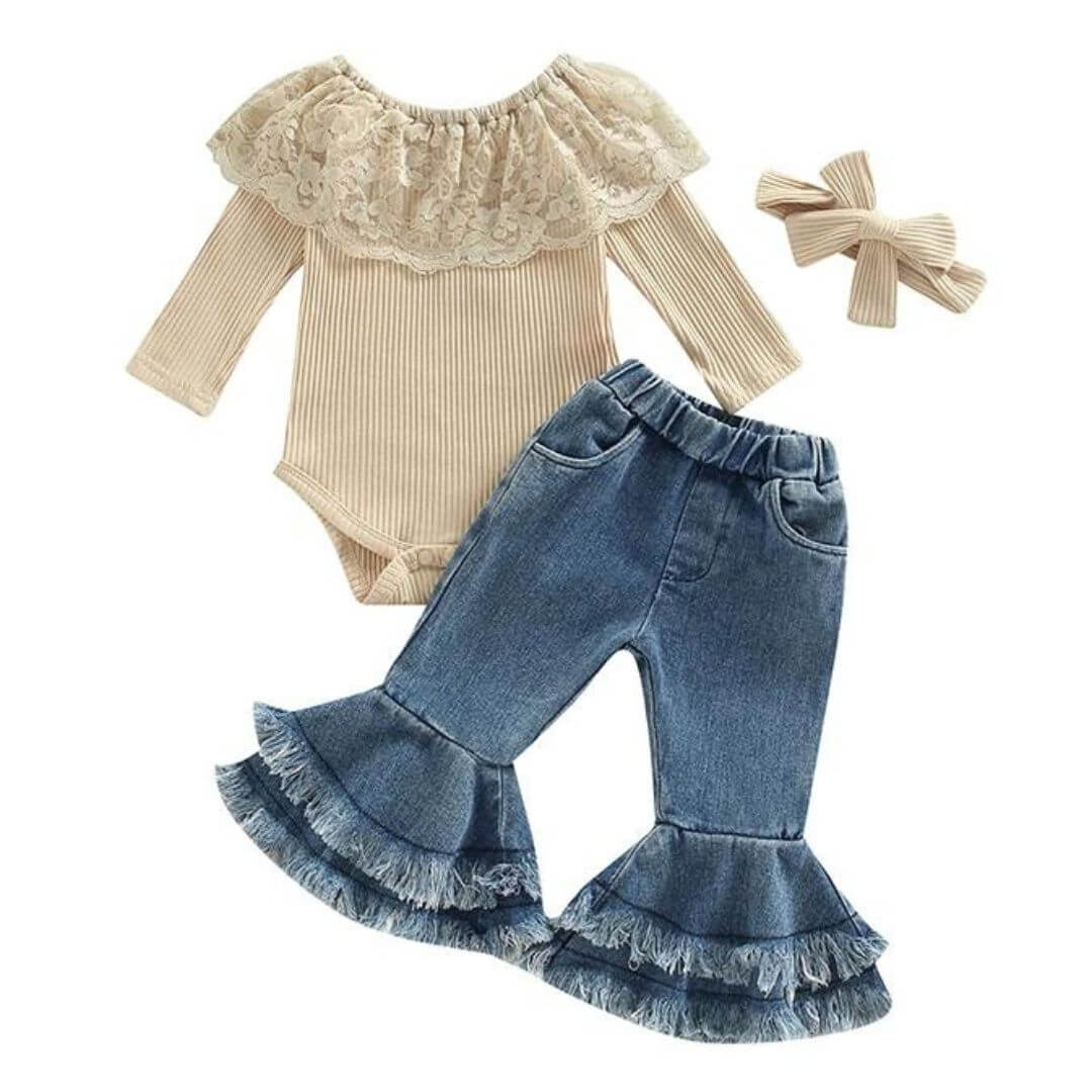 Boho baby girl outfit set with beige lace romper and flared jeans