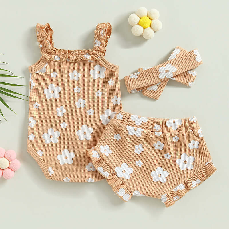 Back view of Genevieve Waffle Romper Set in beige for baby girls