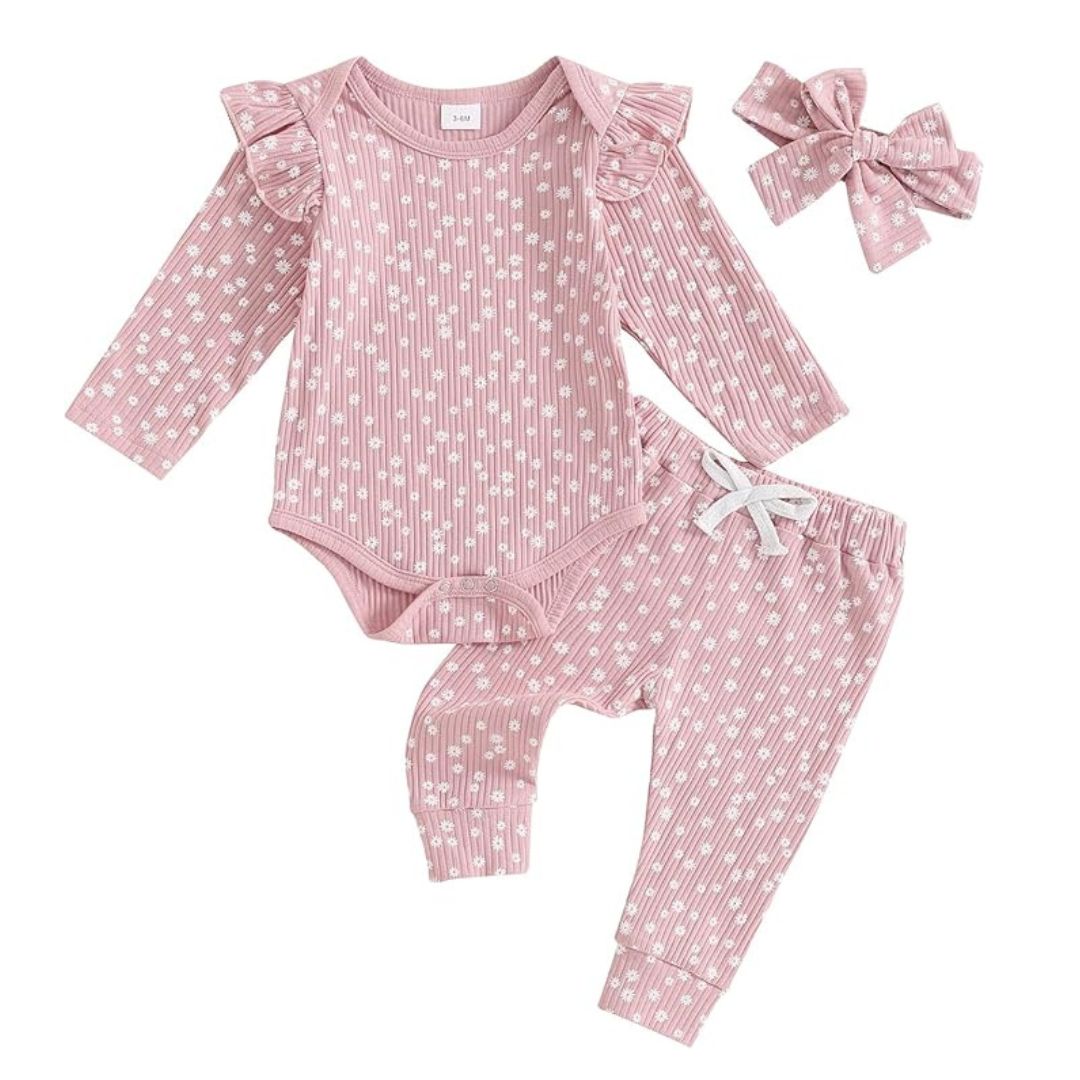 Baby girl pink ribbed floral outfit set with long sleeve romper, pants and matching headband