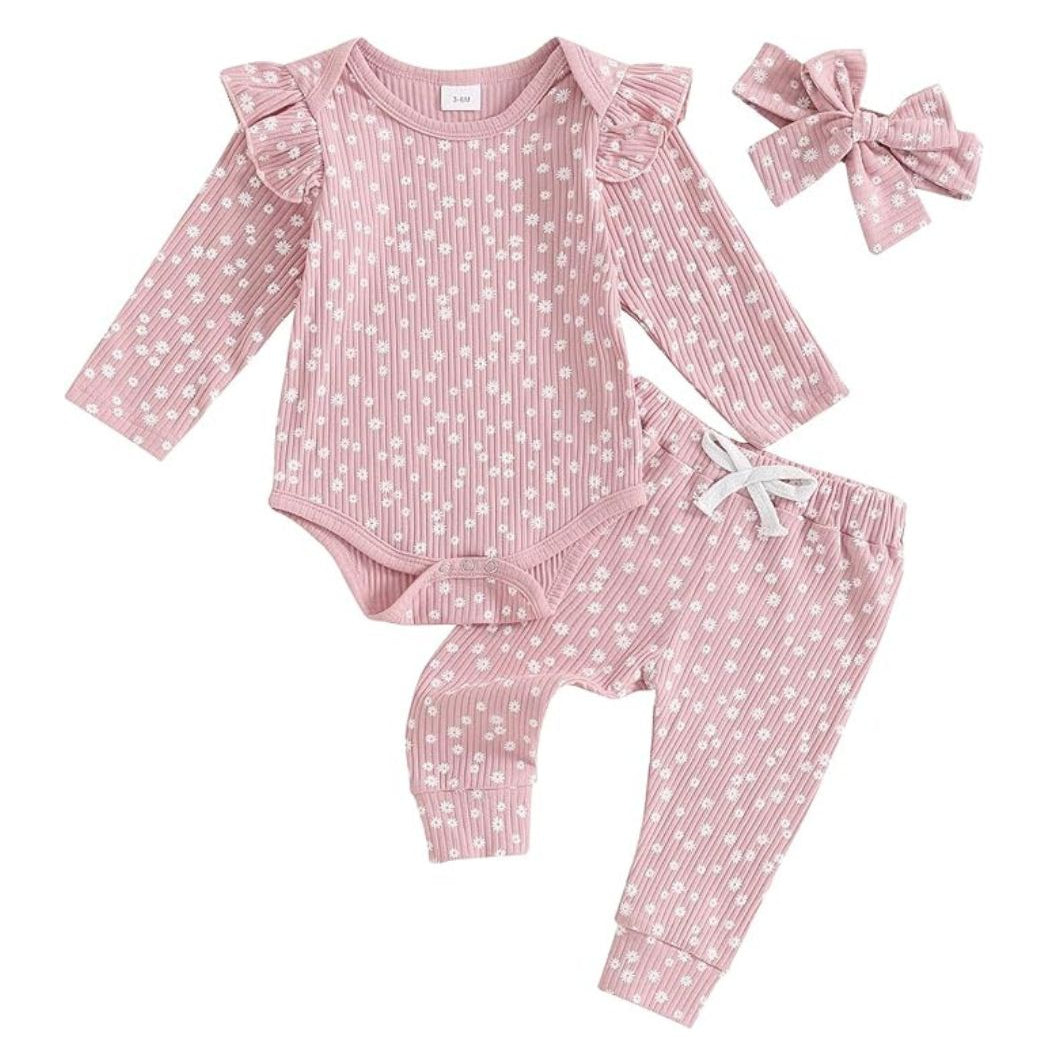 Baby girl pink ribbed floral outfit set with long sleeve romper, pants and matching headband