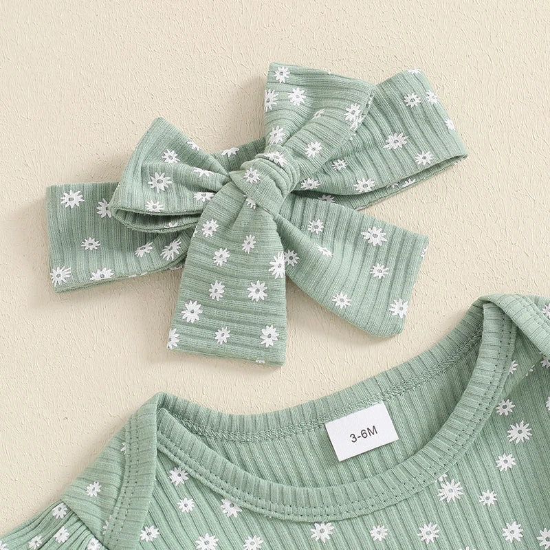 Daisy Mae Floral Set featuring a green bow headband and ribbed onesie