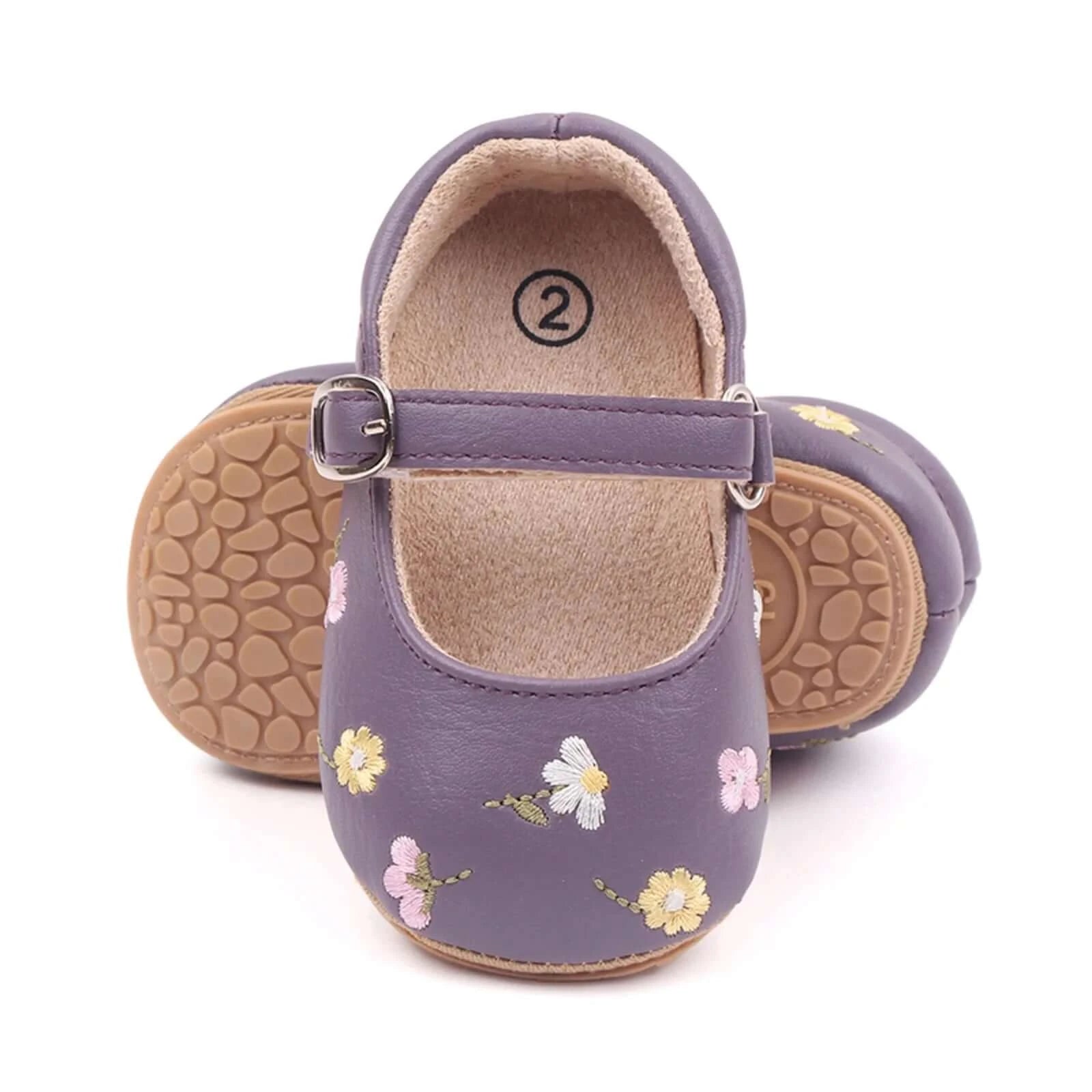 Purple Mary Jane baby shoes in vegan leather with embroidered floral pattern