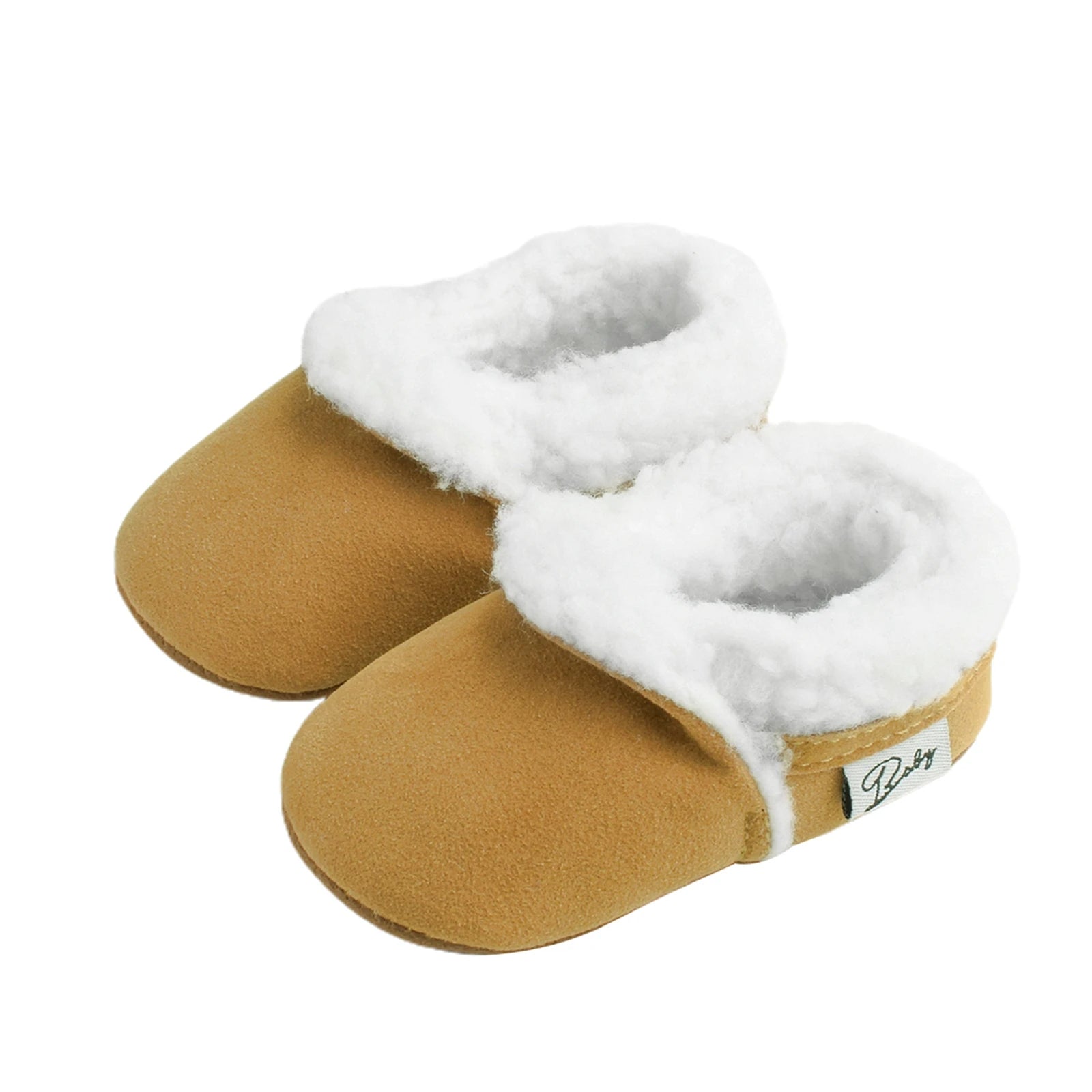Fluffy baby moccasins in mustard