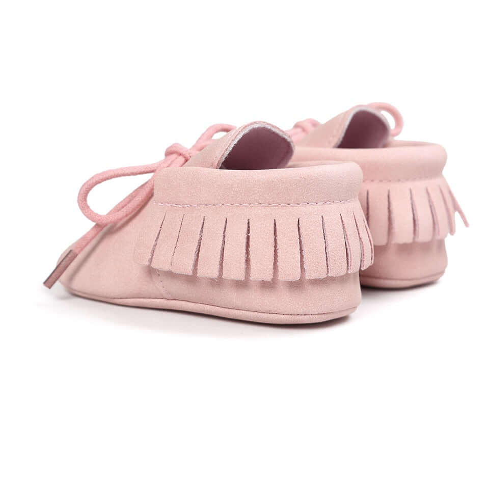 Pink Baby Moccasins – back view | Lulu Babe