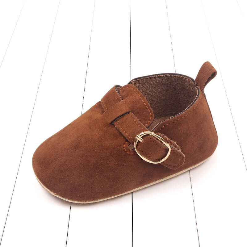 Soft suede brown baby loafers with buckle detail