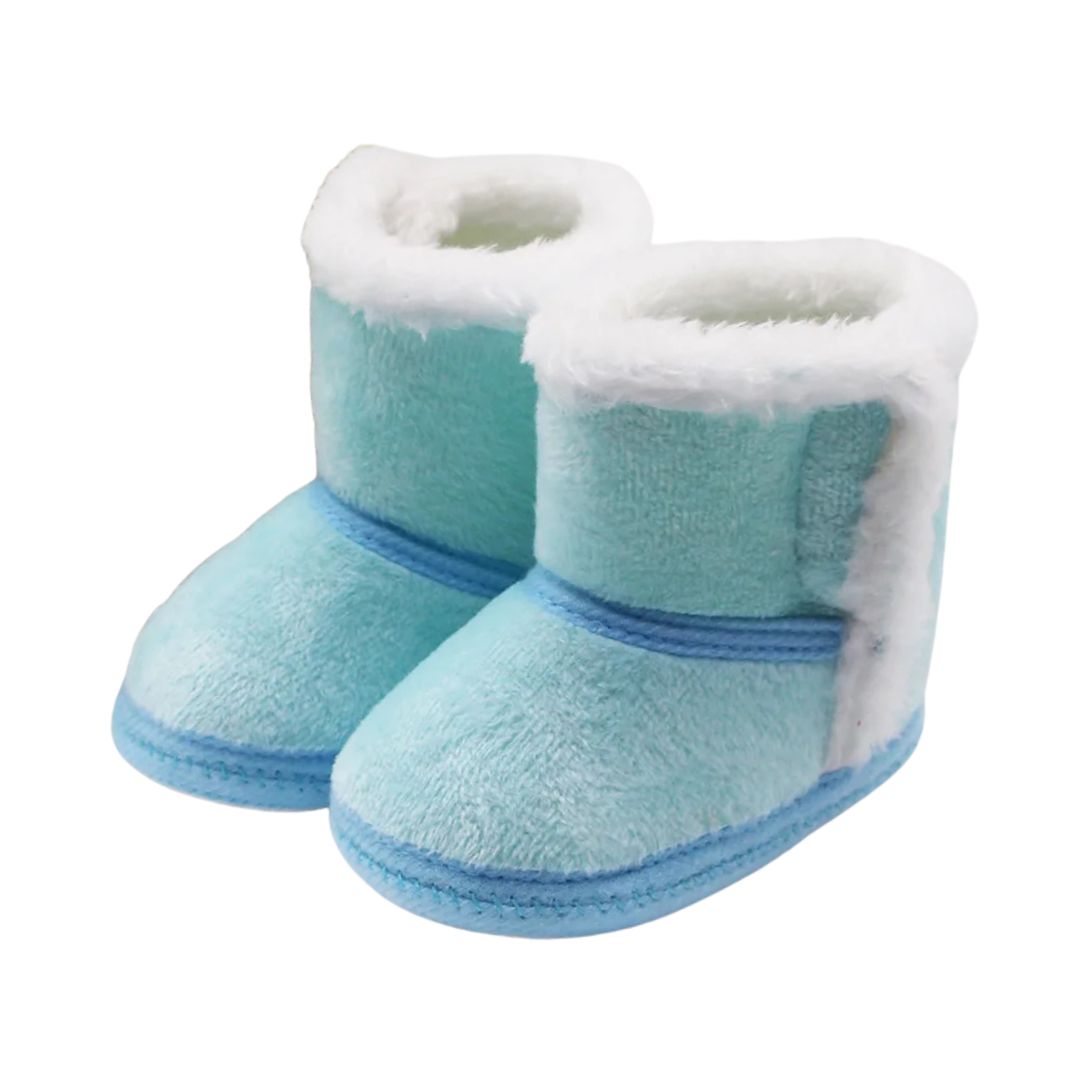 Cute blue baby slipper boots with fluffy lining, perfect for winter warmth and comfort for little ones aged 0–18 months.