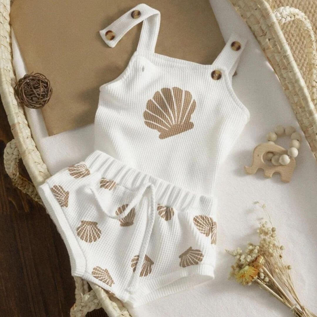 Seashell Waffle Shorts Outfit flatlay (in 0-3 months, 3-6 months, 6-12 month &  12-18 months) - Lulu Babe