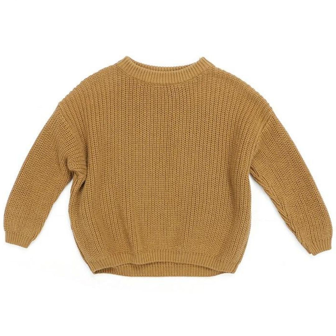 Chunky knit mustard jumper for babies and toddlers with crew neck and relaxed fit