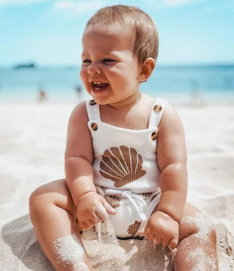 Baby boy wearing Seashell Waffle Shorts Outfit (in 0-3 months, 3-6 months, 6-12 month &  12-18 months)