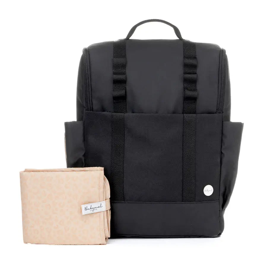 Babymel Finn nappy backpack in black with a changing mat, perfect unisex waterproof nappy bag for busy parents.