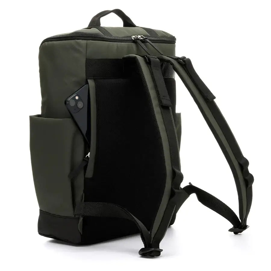 Babymel Finn nappy bag backpack in olive with padded straps for comfort.