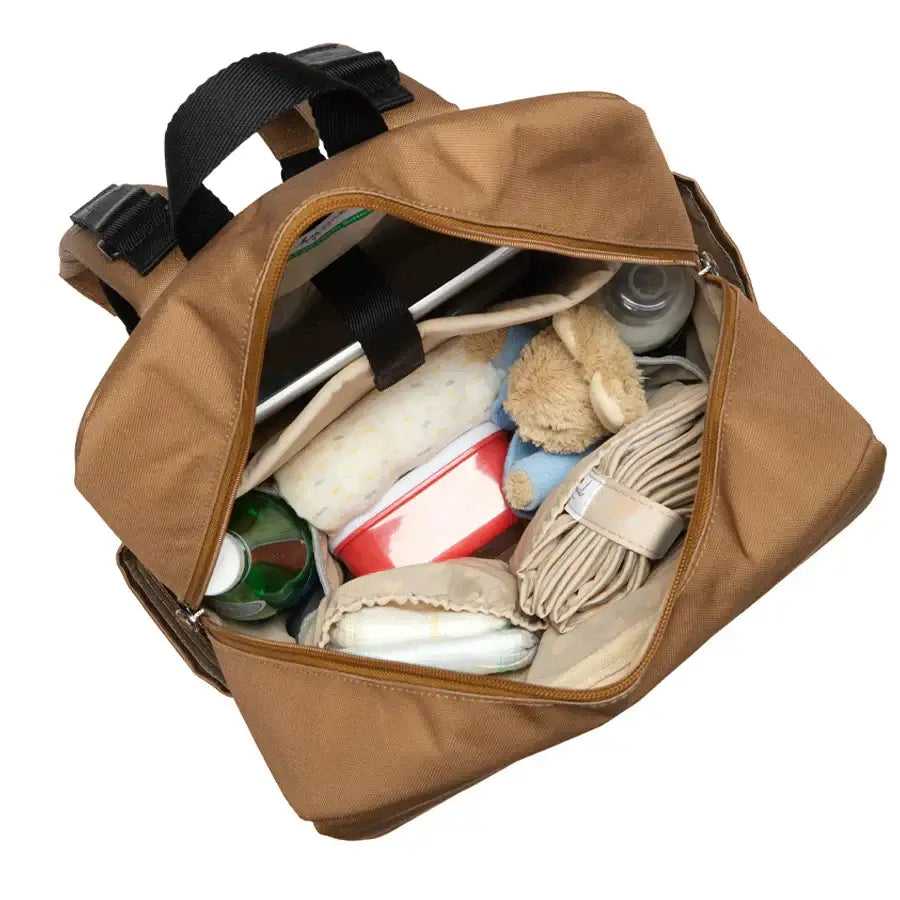 Top view of Babymel George Nappy Backpack in maple showing spacious interior and organised pockets