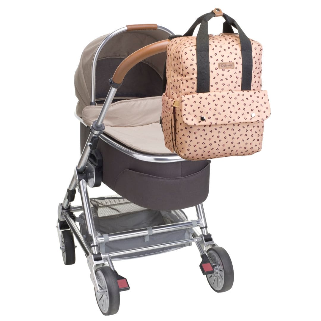 Babymel Georgi Eco Backpack Nappy Bag Caramel Leopard - attached to pram