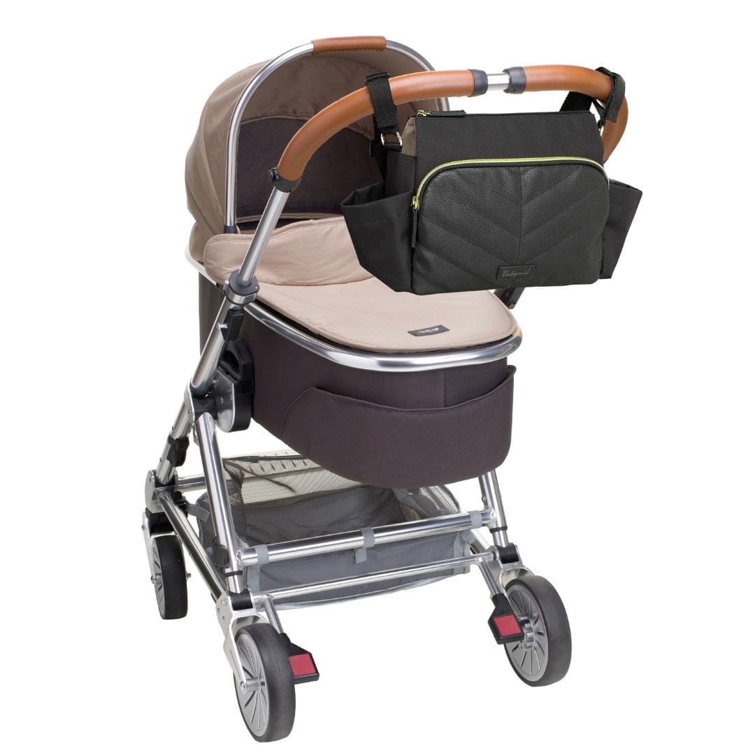 Babymel Quilt Black Pram Caddy attached to pram