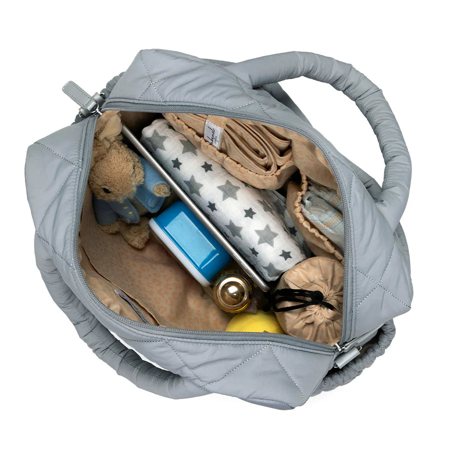 Babymel Willow Nappy Bag in duckegg grey | top view, packed - showing spacious capacity