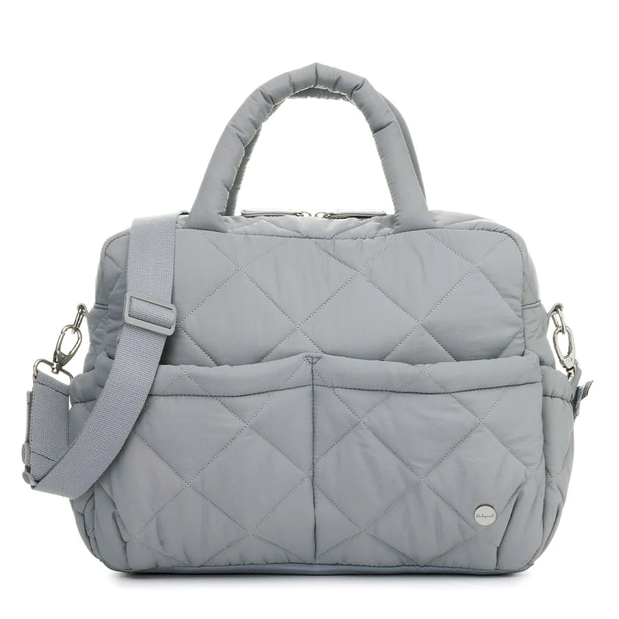 Grey quilted Babymel Willow nappy bag with diamond stitching, padded handles and adjustable shoulder strap