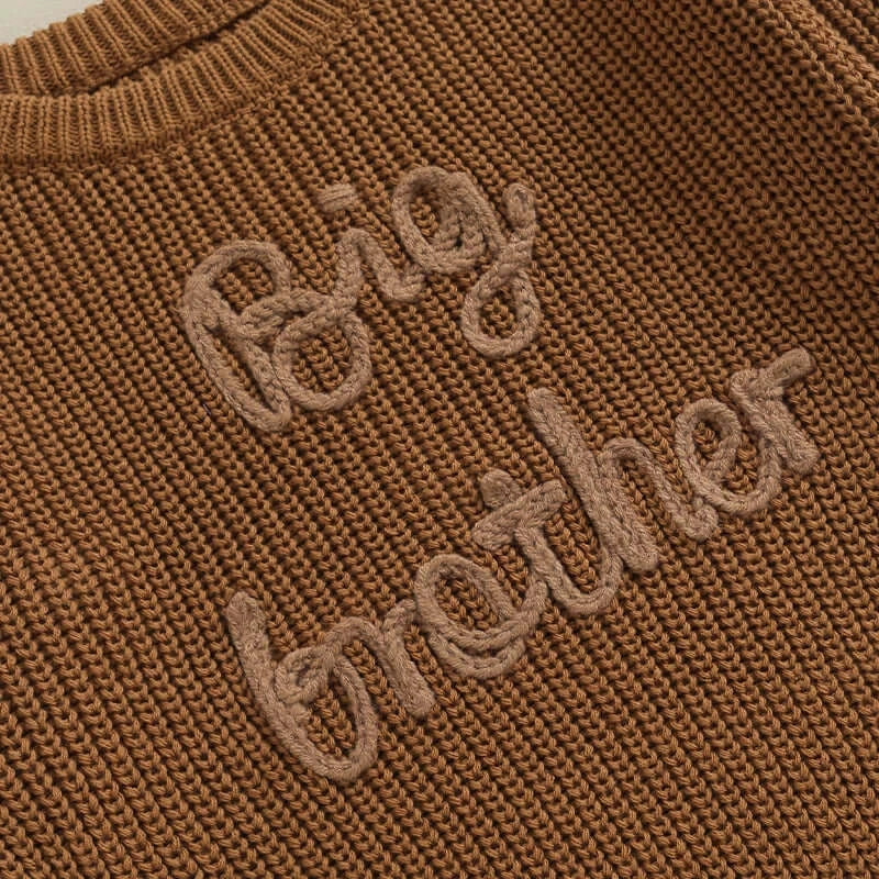 Close-up of Big Brother jumper in chocolate brown knit