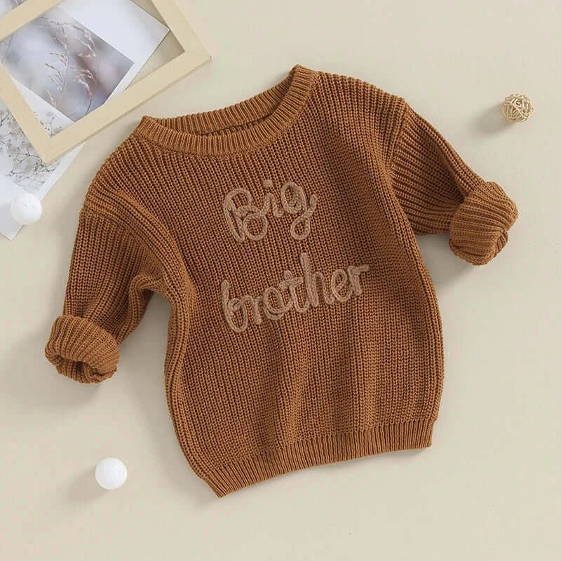Styled flay lay of Big Brother jumper in chocolate brown knit
