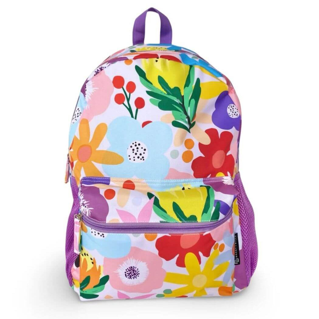 Large kids backpack with vibrant floral print by Morgy and Wills