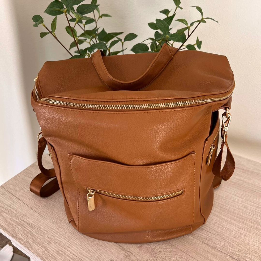 Brooklyn nappy bag in tan vegan leather - lifestyle image (front view) | Lulu Babe