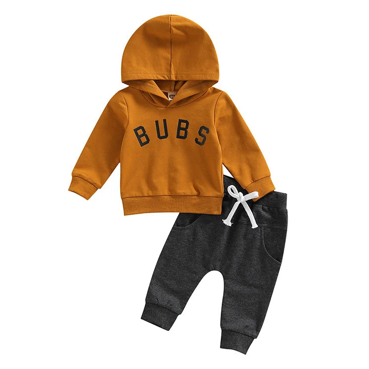 Bubs baby boy tracksuit set, with charcoal trackie pants and brown pullover hoodie