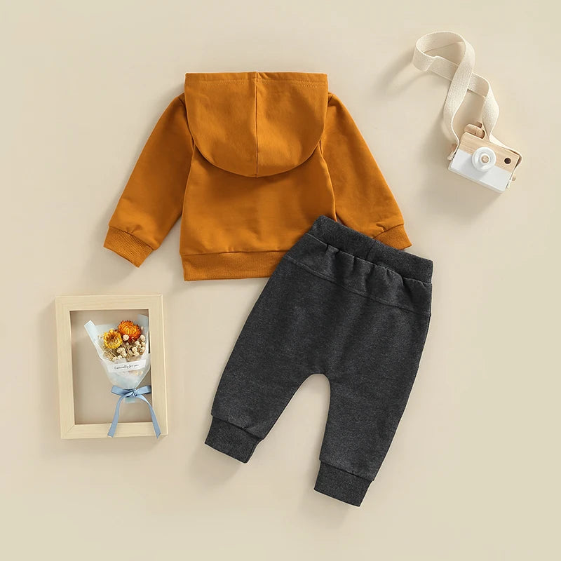 Bubs hoodie tracksuit set for baby boys, with charcoal trackie pants and brown pullover hoodie