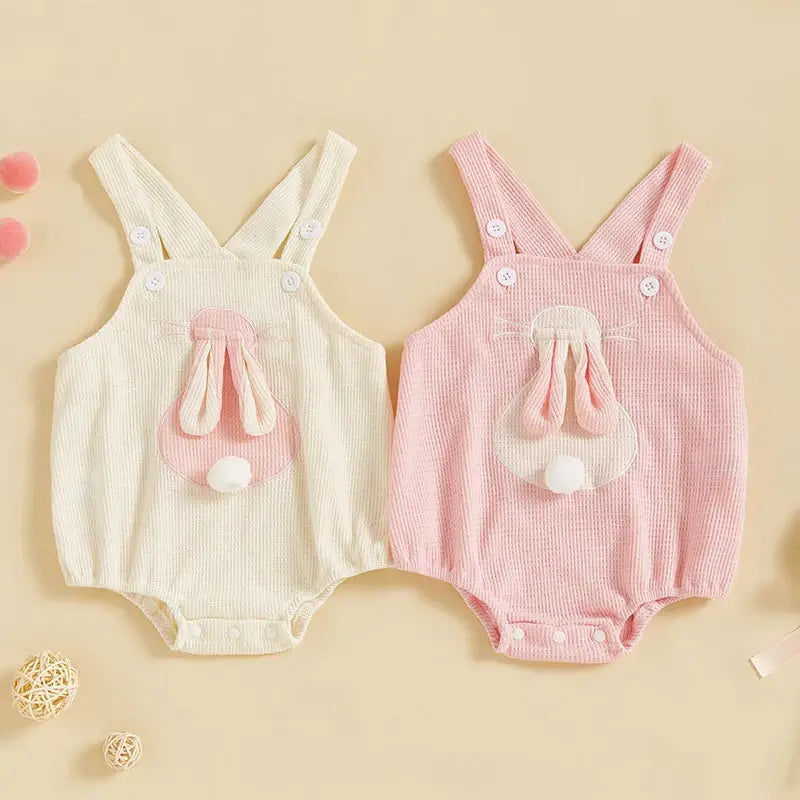 Waffle Bunny Baby Rompers in cream and pink
