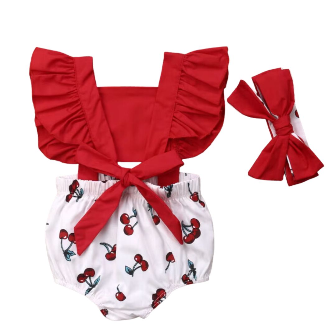 Cherry Ruffle Baby Girl Romper (in 0-3 months, 3-6 months, 6-12 month &  12-18 months) - back view