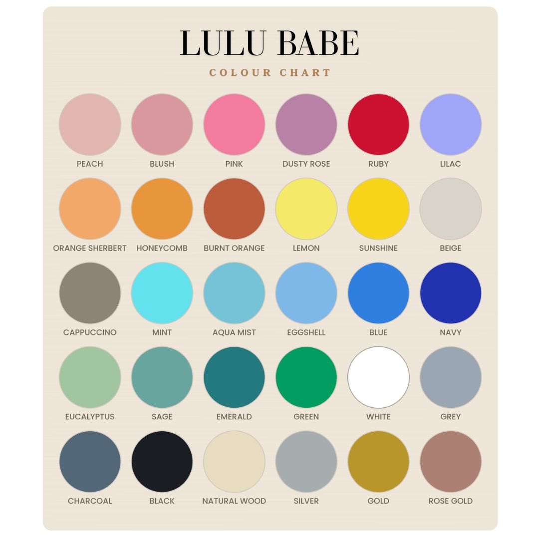 Acrylic colour options for personalised products - Lulu Babe