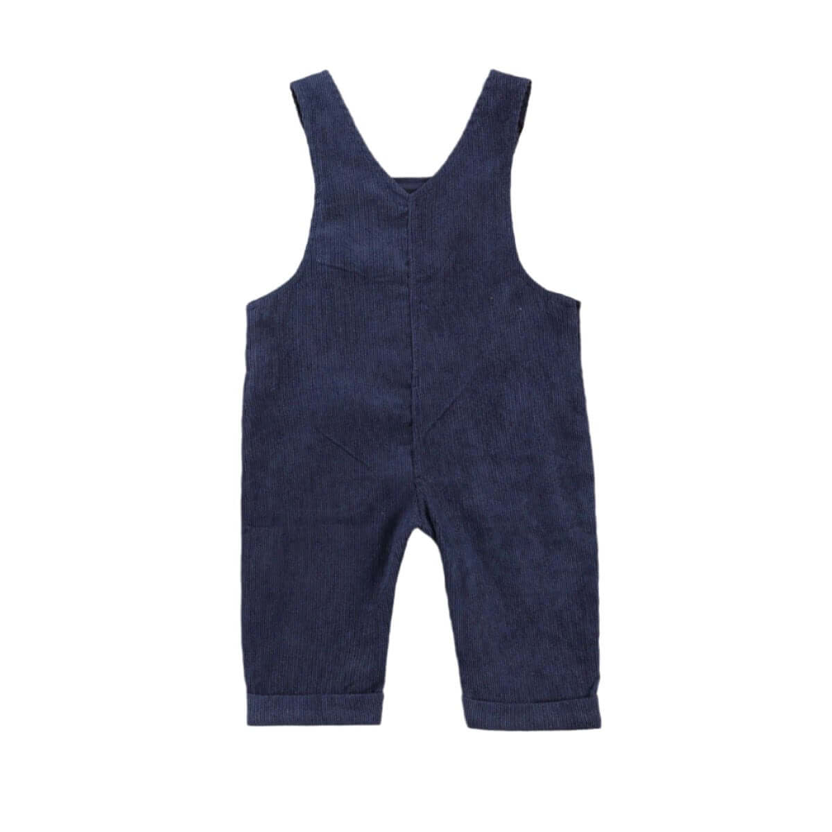 Back view of navy corduroy baby overall romper
