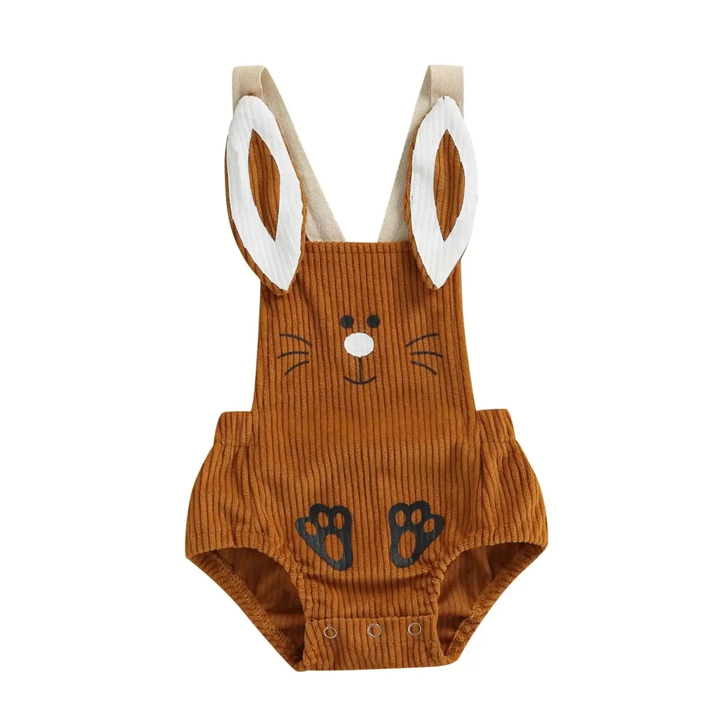 Corduroy bunny baby romper with 3D bunny ears in brown