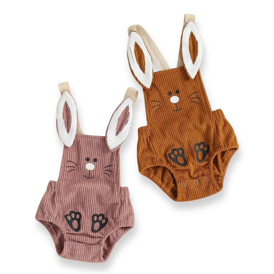 Corduroy bunny baby rompers in dusty pink and brown