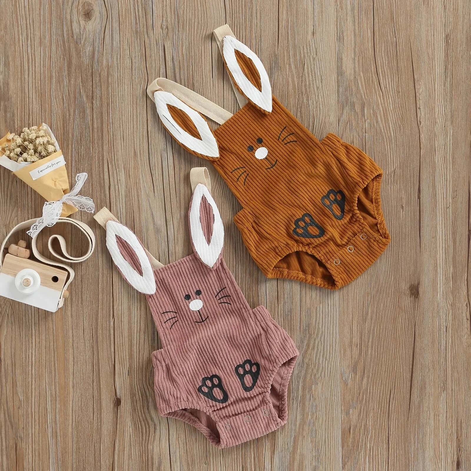 Corduroy bunny baby romper in dusty pink and brown