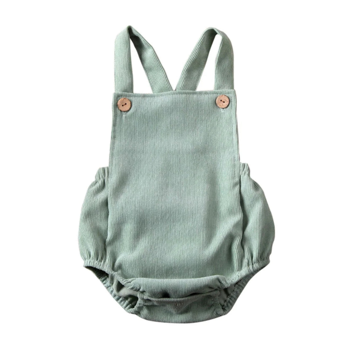 Unisex baby romper in mint green with ribbed corduroy fabric and sleeveless design.