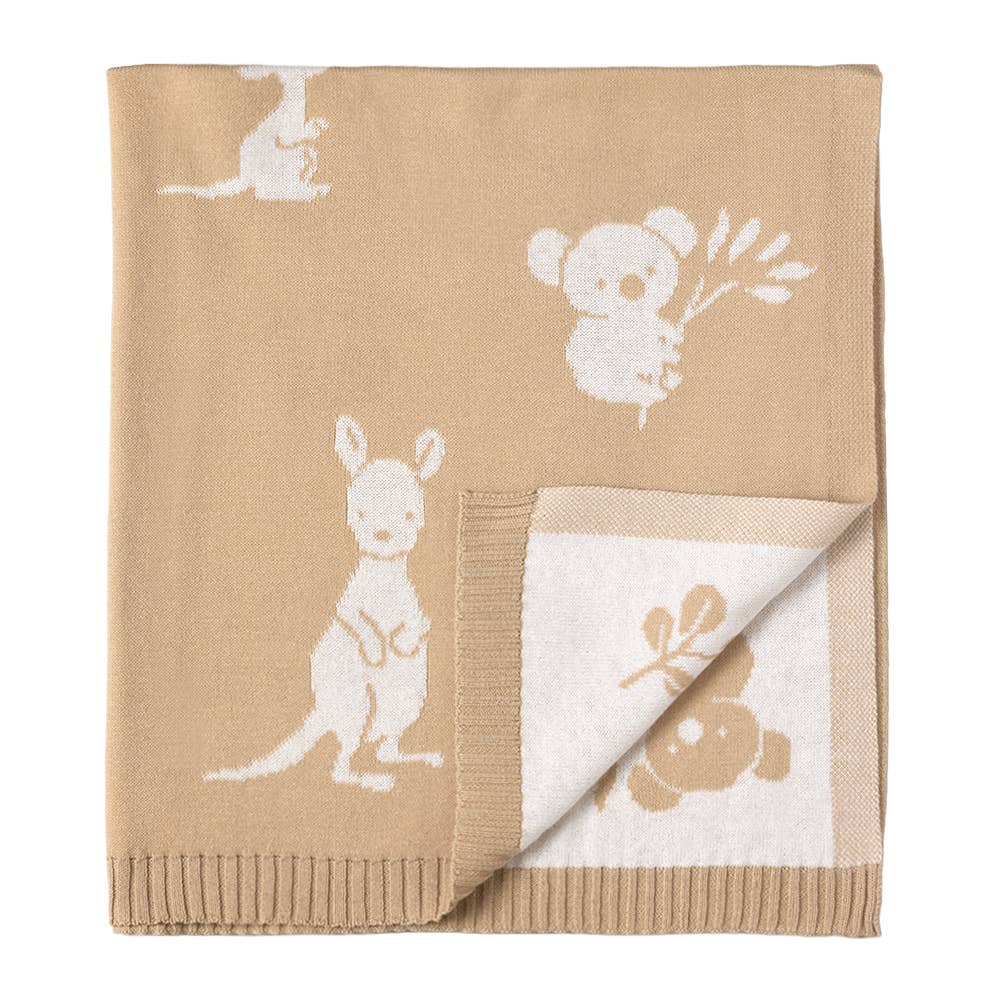 Reversible 100% cotton knit baby blanket with koala and kangaroo Australiana design in tan and cream