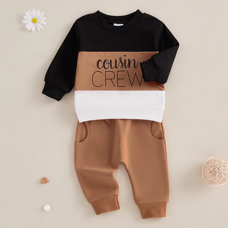 Cousin Crew Trackie Set for babies and toddlers in black, brown and white, perfect for matching outfits.
