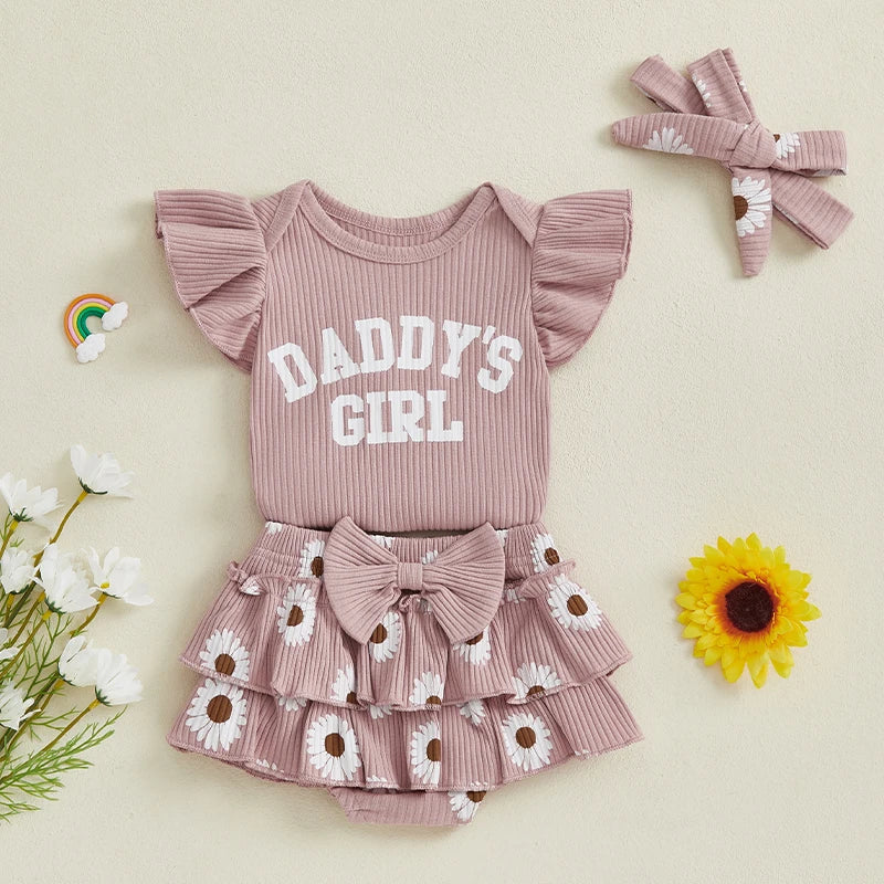 Daddy's Girl Ruffle Set for baby girls, featuring a ribbed bodysuit, daisy-print bloomers, and matching headband.