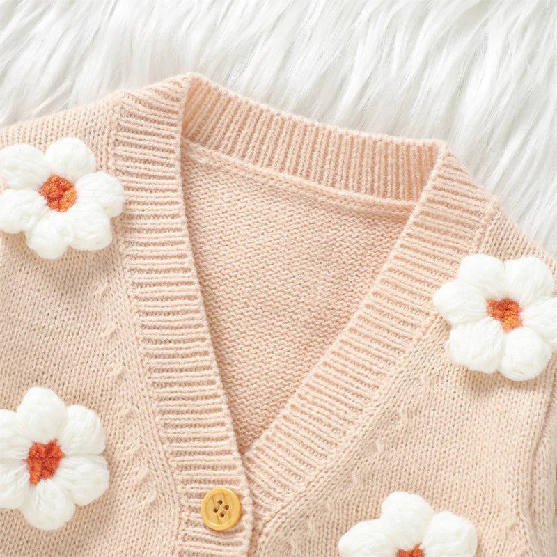 Close-up of beige daisy floral cardigan for baby & toddler girls