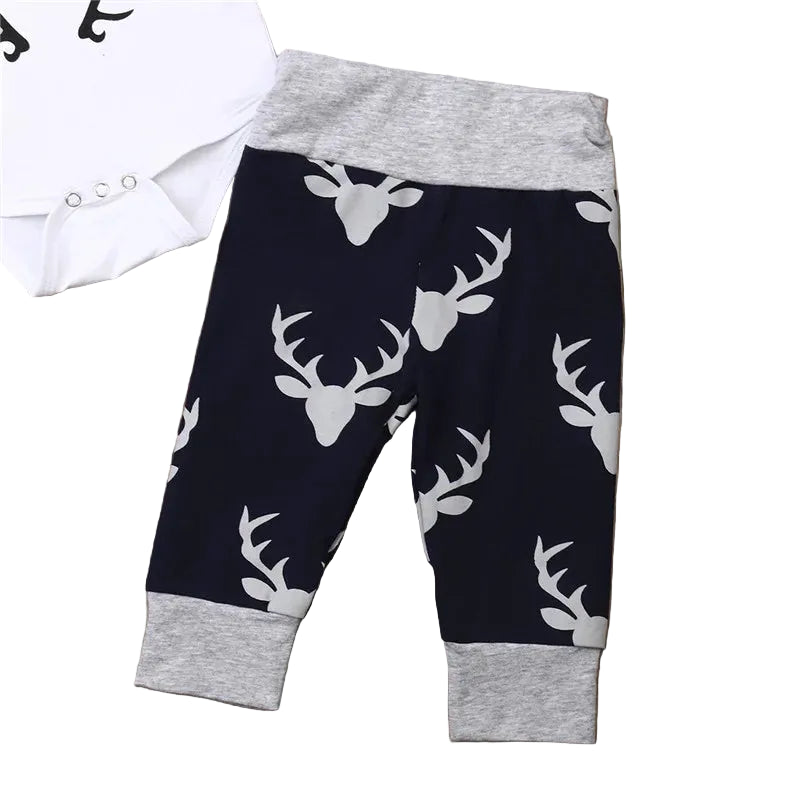 Navy pants with grey deer head print, part of the Little Man Deer Set for adorable little boys.