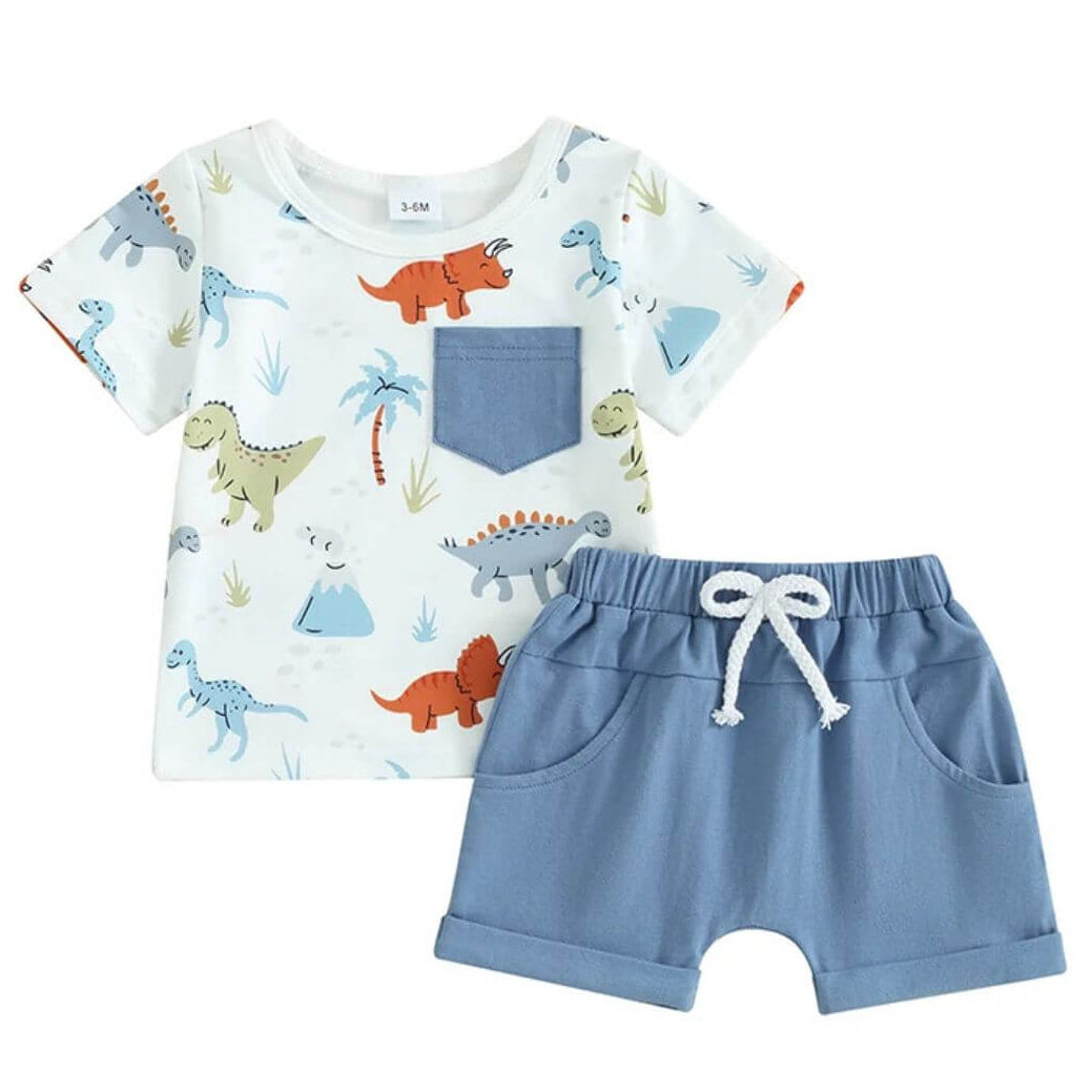 Baby or toddler outfit with dinosaur-print t-shirt and dusty blue shorts