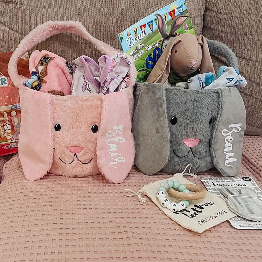 Personalised Easter Baskets in pink and grey | Easter Hunt Basket Australia - Lulu Babe