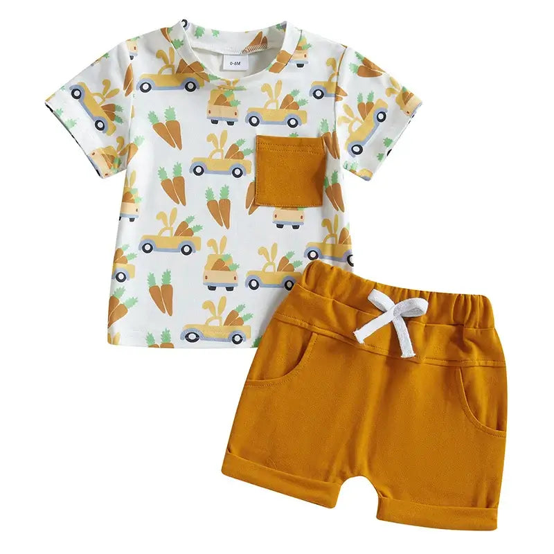 Baby boy Easter outfit | Top wth carrot & truck print and comfy mustard shorts