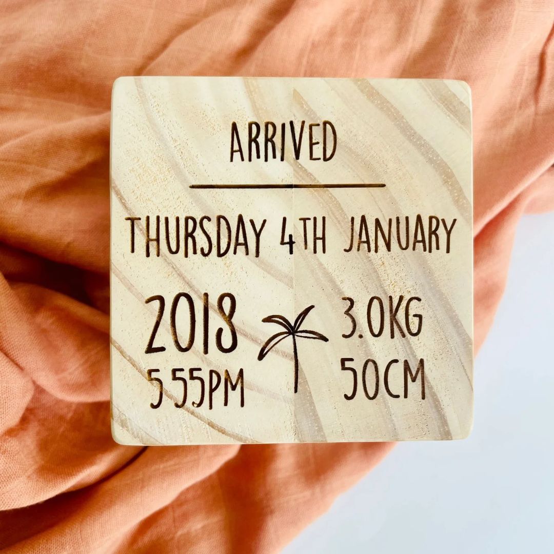 Wooden block personalised with baby's name and birth details